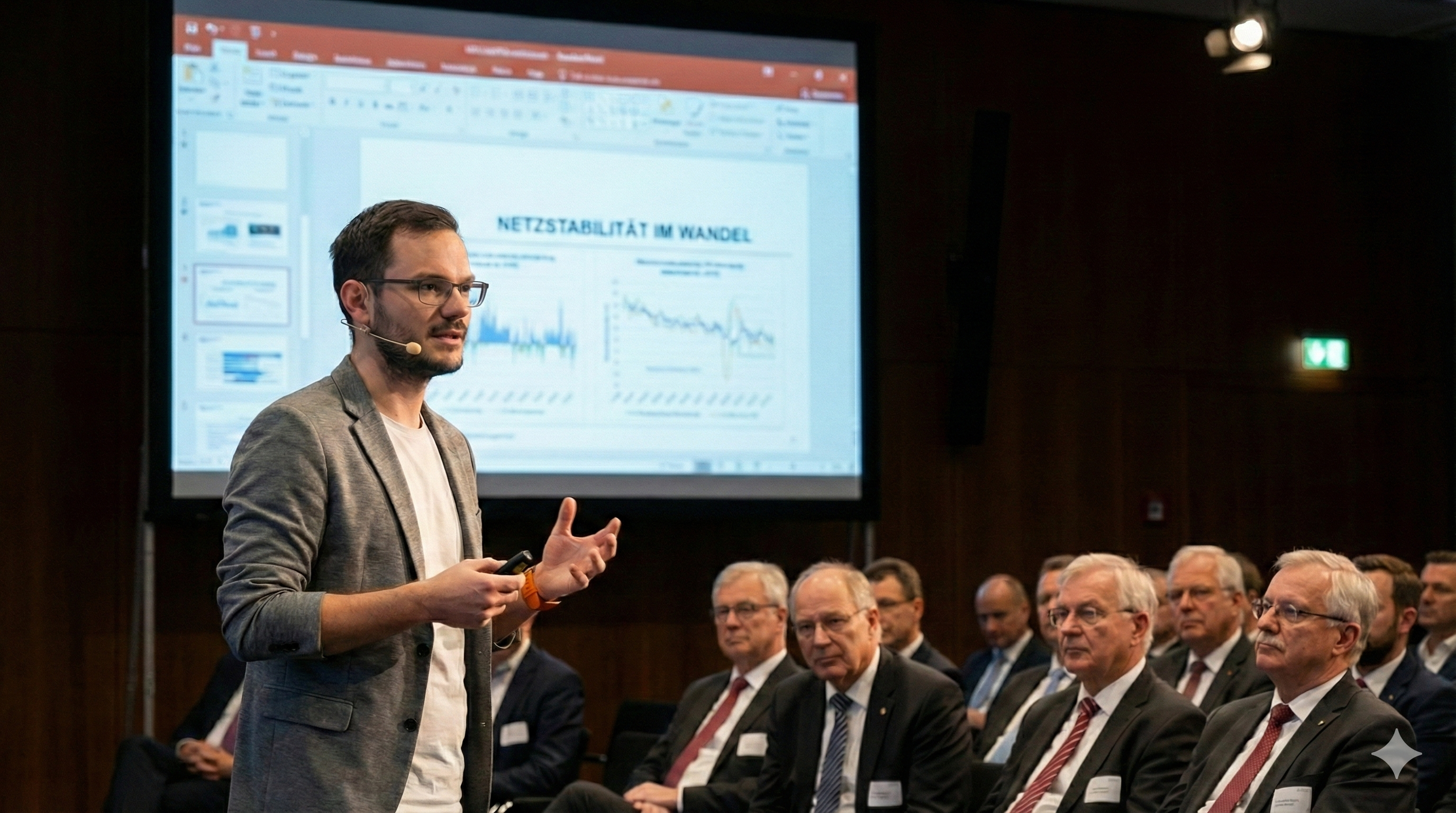 Christopher Wilmes erläutert einem Publikum fachliche Inhalte vor einer Präsentation.